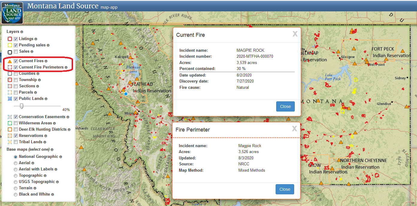 Wildfires on Montana Land Source map app Wildfires on Montana Land Source map app